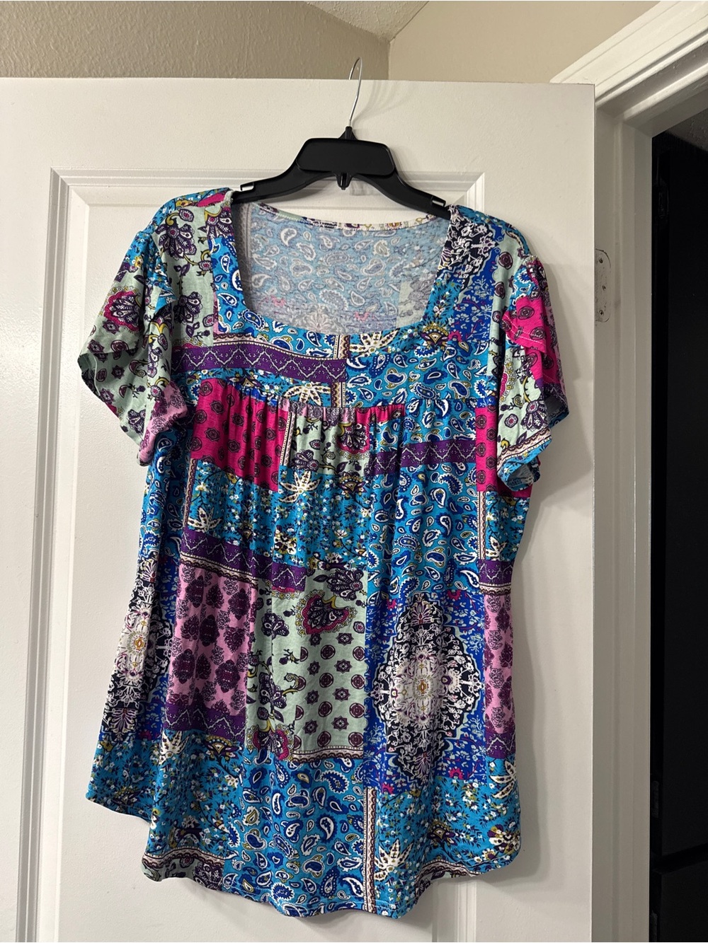 Amazon Women's Patchwork Short Sleeve Scoop Neck Top - Blue Pink Purple Mint